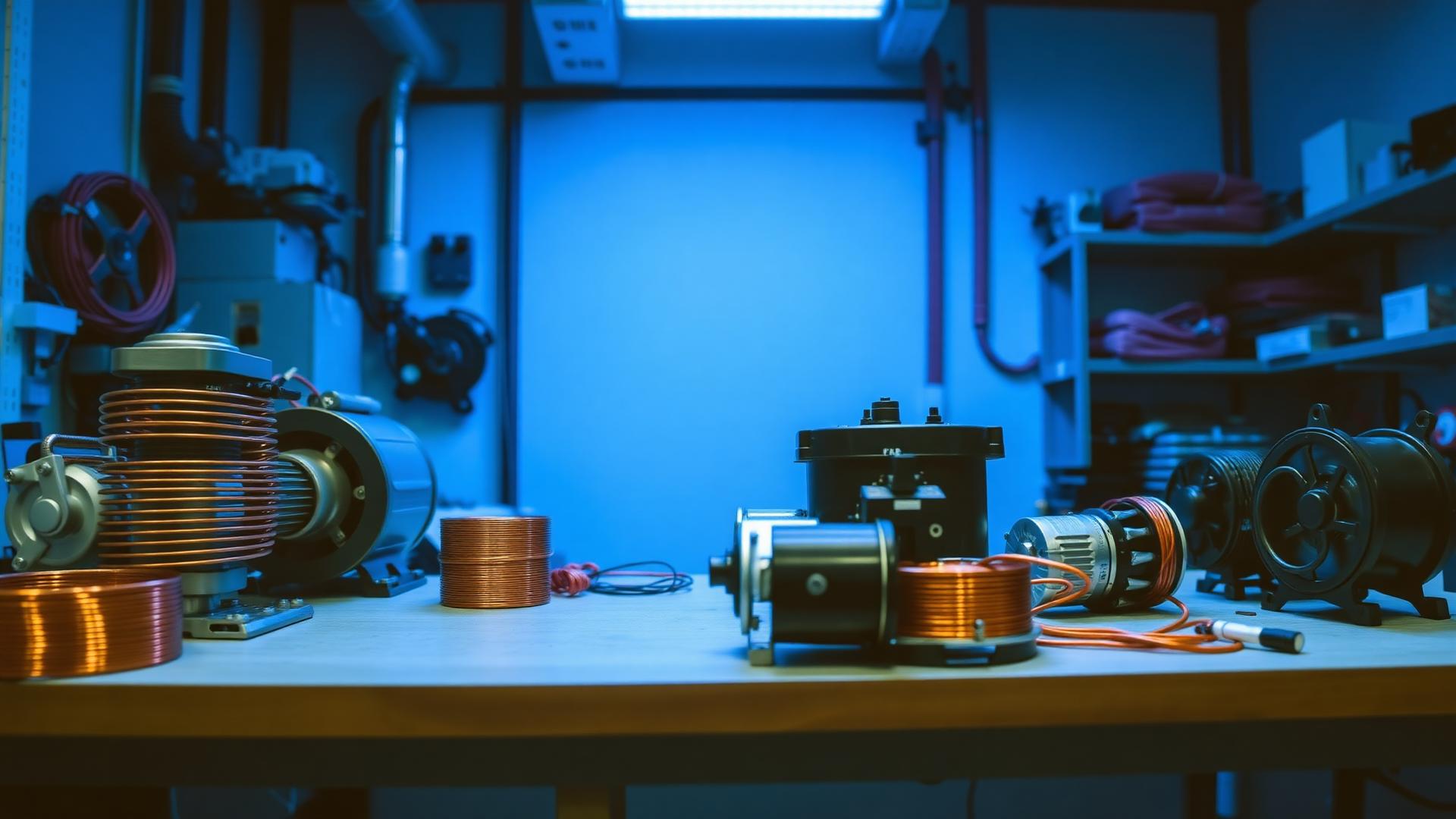 Refrigeration compressors, copper coils and appliance parts on a workshop counter